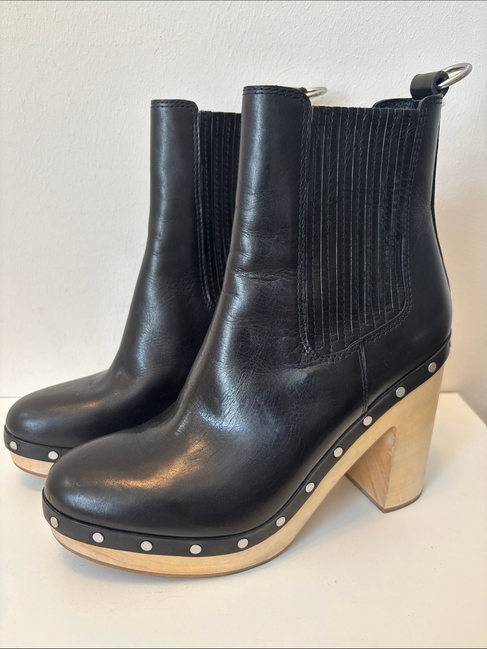 PAIGE Black Leather Platform Clog Booties with Wood Heel and Stud Trim 8.5